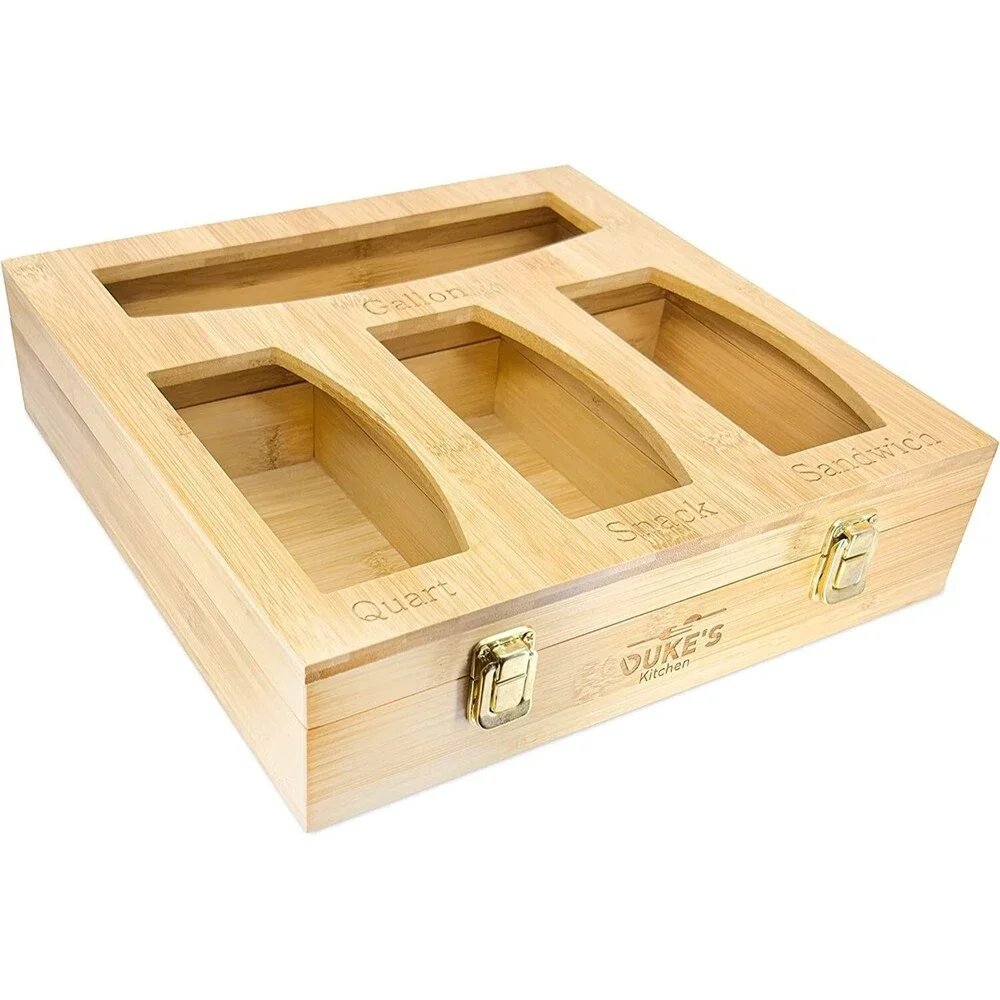 Bamboo Zip Lock Bag Organizer Snack, Sandwich, Quart, Gallon Bags w/ Pen Box